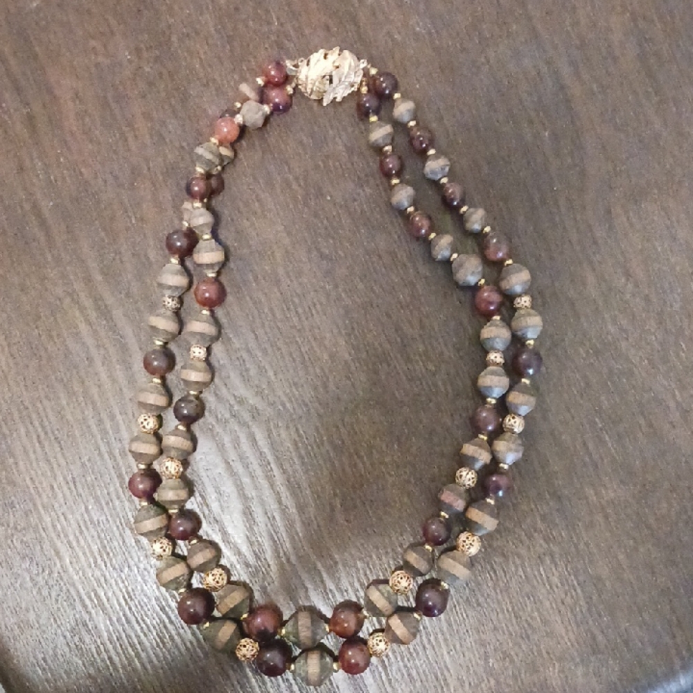 Source Unknown- Brown Wooden Beads With Amber Colored Beads Necklace
